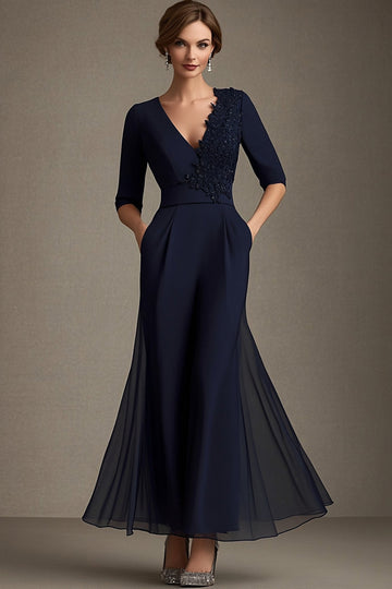 Bleu marine col en V mousseline de soie trapèze demi-manches Mère de la mariée Robe avec appliques